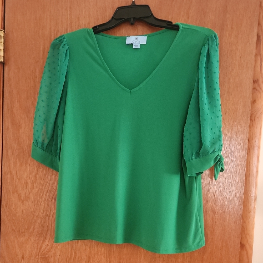 CeCe Green Blouse with Sheer Sleeves